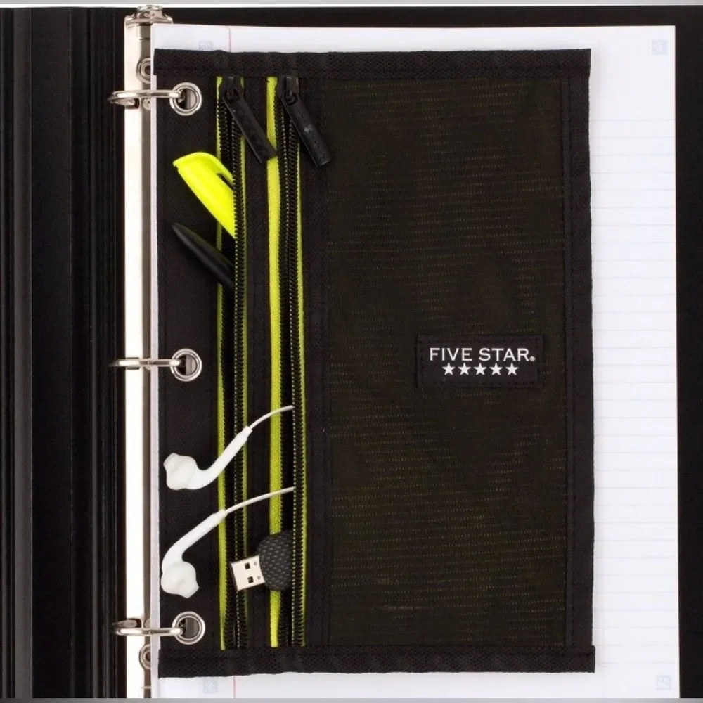 Five Star Black Green Silver Mesh Dual Zipper Binder Compatible Pencil Pouch